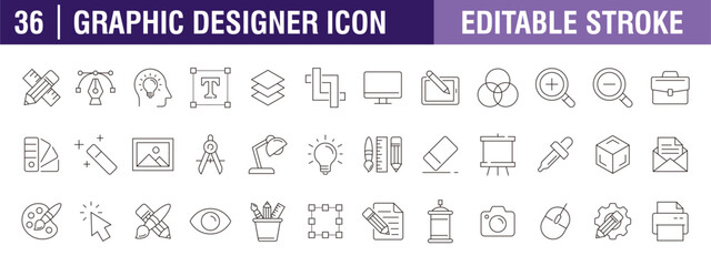 Collection of graphic designer icons. Creative, tools, inspiration, design, sketch. Vector design template, signs, symbols, editable stroke.