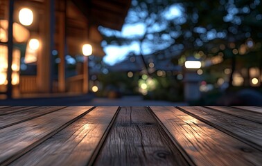 Empty wooden table top with a blurred background of an outdoor Japanese restaurant at night, suitable for product display, food, 