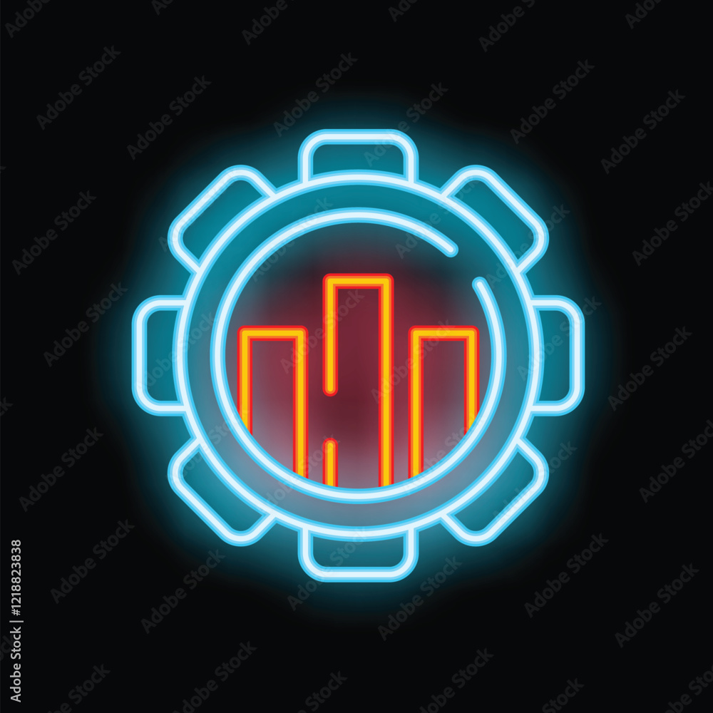 Poster neon sign icon of a gear surrounding a bar graph, symbolizing data analysis and reporting