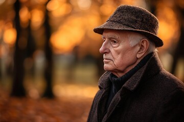 Elderly Man in Autumn Park Contemplating Life with Sunlit Trees in Background