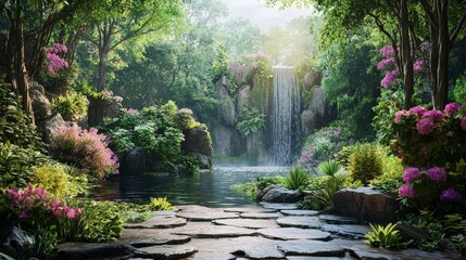 Serene Waterfall Surrounded by Lush Greenery and Vibrant Flowers