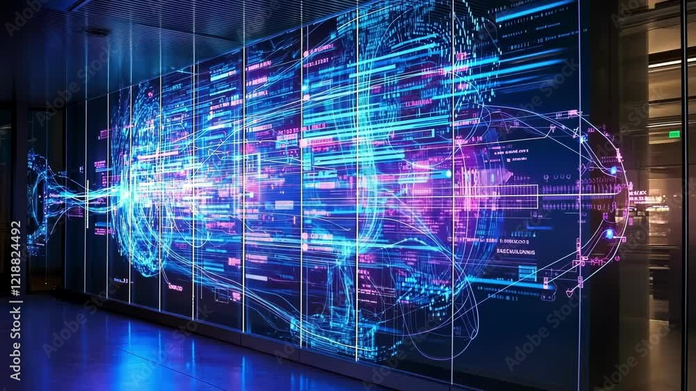 Poster complex data visualization streams across a transparent digital display in a darkened server room, s