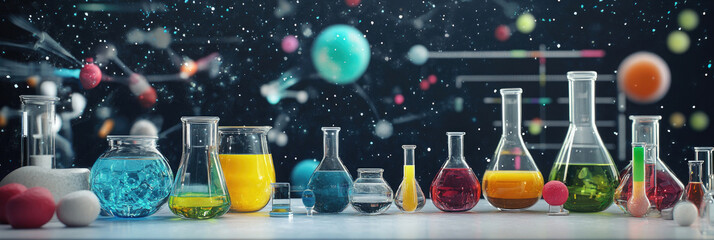 Colorful laboratory setup featuring glass flasks and beakers filled with various liquids against a cosmic backdrop