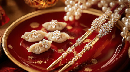 Close-up of dumplings and spring rolls on red plate with chopsticks and Chinese New Year decorations: Lunar New Year