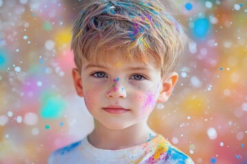 Fototapeta premium Young child covered in colorful powder during a vibrant outdoor celebration in springtime