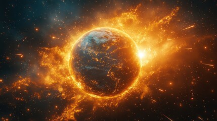 Fiery Earth: A Burning Planet in Space
