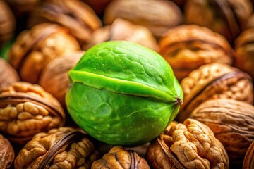 A macro close-up reveals the detailed texture of a green walnut shell, embodying autumn's harvest.
