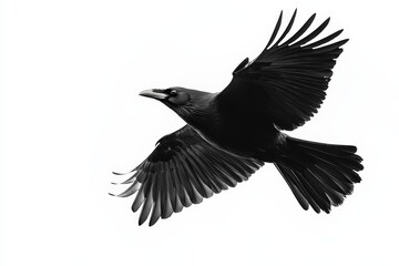 Obraz premium Black bird in flight against a white background with outstretched wings and a sharp silhouette