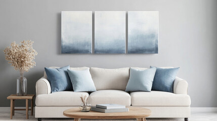 Elegant living room featuring a light-colored sofa with blue cushions and abstract art on the walls