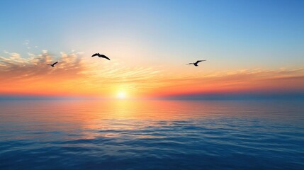 A tranquil ocean view at dawn, soft ripples in the water reflecting the first light of day, with mist rising from the surface and a few birds flying overhead.
