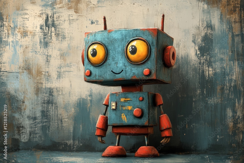 Aufkleber colorful retro robot character standing against a textured background in a playful pose during dayli