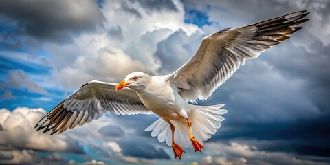 Obraz premium A majestic seagull soars, wings outstretched, against a coastal sky.