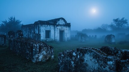 A haunting landscape features crumbling ruins and gravestones shrouded in mist, illuminated by the glow of a full moon in a peaceful but mysterious graveyard setting