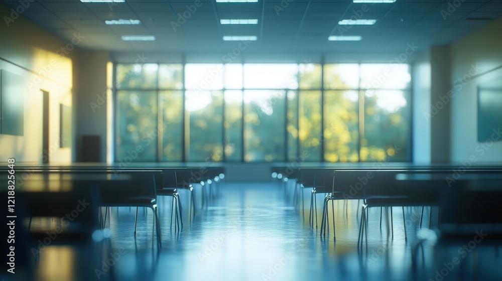 Poster empty defocused university classroom with rows of desks and a bright window showcasing the calming n