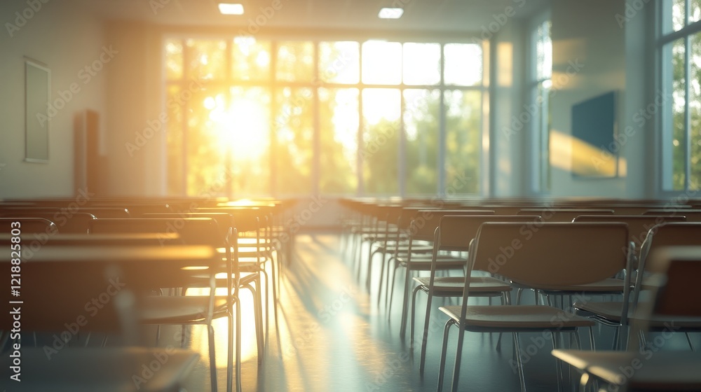 Poster empty university classroom with sunlight streaming through windows creating a serene and inviting le