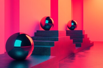 Vibrant interior design showcasing reflective spheres amidst colorful walls and staircases