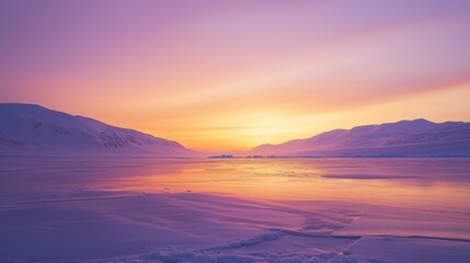 Obraz premium A stunning sunset paints the sky in vibrant hues of orange and purple, illuminating the icy landscape and creating reflections on the frozen water. Glacial mountains add to the natural beauty