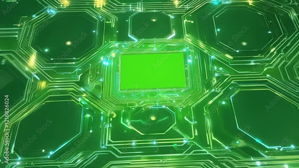 Aufkleber sparkling circuitry with vibrant patterns in a green environment. green screen chromakey.