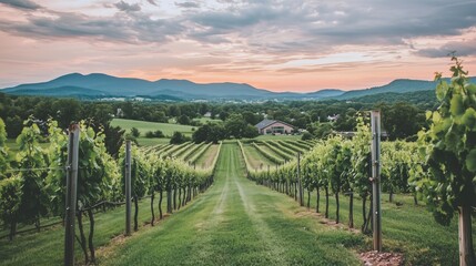 Sunset over a vineyard with a distant mountain backdrop - generated AI