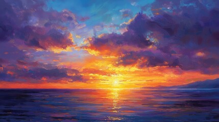 Fototapeta premium A breathtaking sunset casts brilliant colors across the sky and reflects on the tranquil ocean surface, illuminating the horizon with warmth and beauty