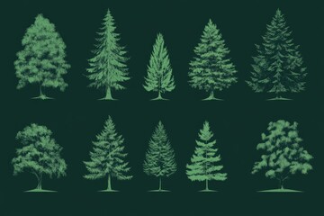 Fototapeta premium Variety of evergreen and deciduous trees illustrated on a dark background showcasing diverse foliage styles