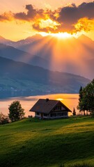 Stunning Sunset Over Lake and Mountains with Lakeside House