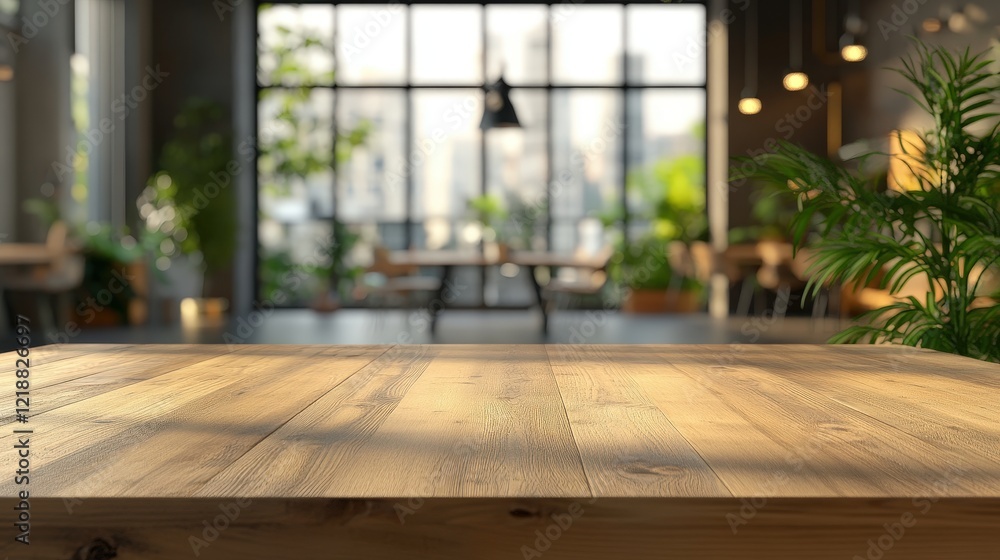 Aufkleber empty real pine wooden table in modern bright workspace with plant and city view through large windo