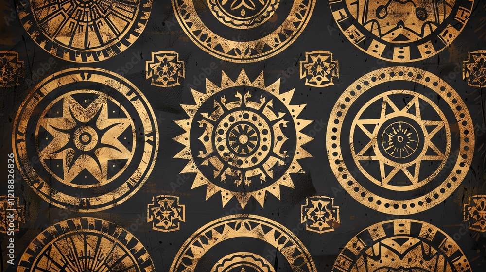 Poster golden circular patterns on a black background.