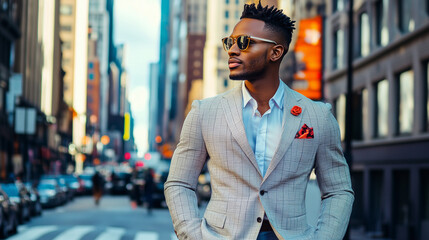 Obraz premium A stylish African American man in a tailored suit with a vibrant pocket square, walking confidently through a bustling city street