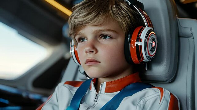 hand held camera shot, retrofuturism kid wearing leather space leather jacket, with headphone match in set sitting in spaceship