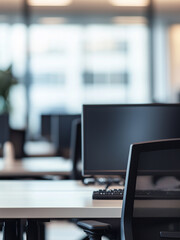 A office desktop computer. Bright and spacious office space in an unfocused view. Modern blurred background photo for banner, poster or magazine and website background. 