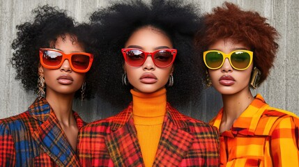 Obraz premium Stylish Trio in Colorful Plaid Fashion and Bold Sunglasses