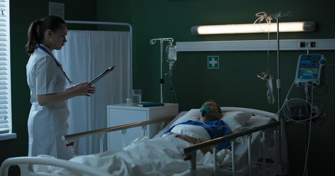 Aged patient lies in a hospital room with an oxygen mask, fighting to regain strength after surgery.