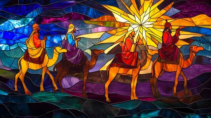A richly detailed stained-glass depiction of the Three Wise Kings on camels under a radiant star, emphasizing vibrant colors