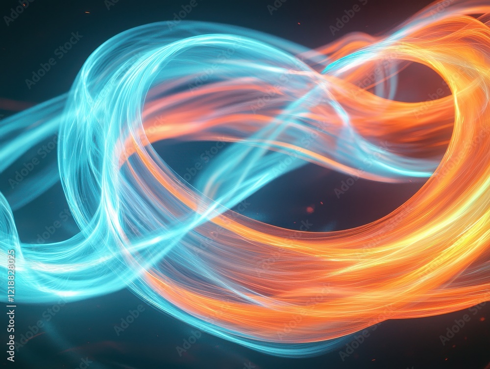 Poster dynamic light trails in orange and cyan digital art abstract visualization dark background unique de