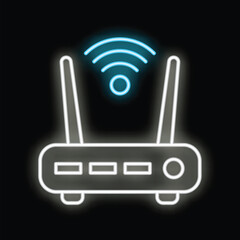 Neon icon of a router with a wifi symbol glowing in blue and white on a black background