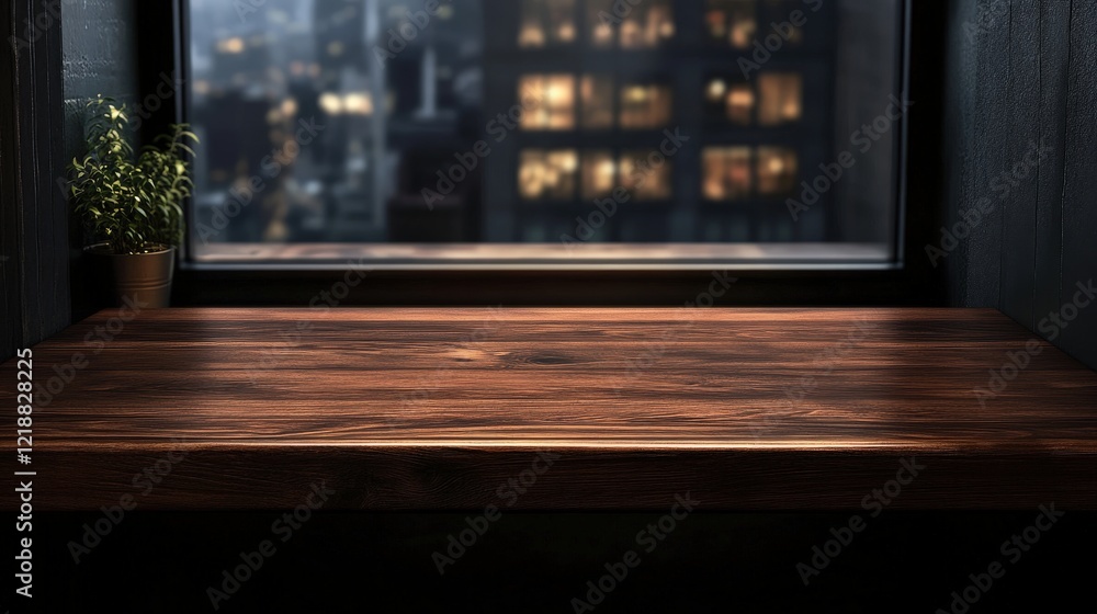 Poster empty wood table top on blurred cafe environment with city view through window in urban setting at n