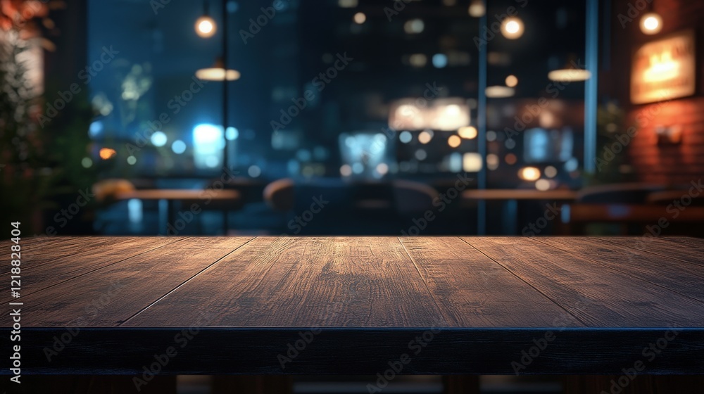Poster empty wood table top in a cozy cafe with blurred background and ambient lighting creating an invitin
