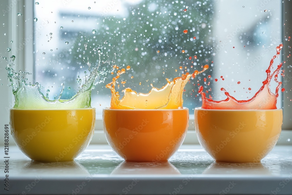 Aufkleber vibrant splashes of colored liquids create an artistic display in three bowls by a window during day