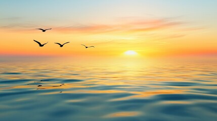 Fototapeta premium A tranquil ocean view at dawn, soft ripples in the water reflecting the first light of day, with mist rising from the surface and a few birds flying overhead.