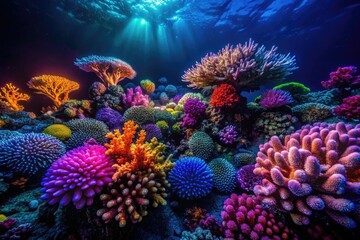 Fototapeta premium Breathtaking night dive reveals bioluminescent ocean wonders, deep-sea coral polyps glowing in the dark.