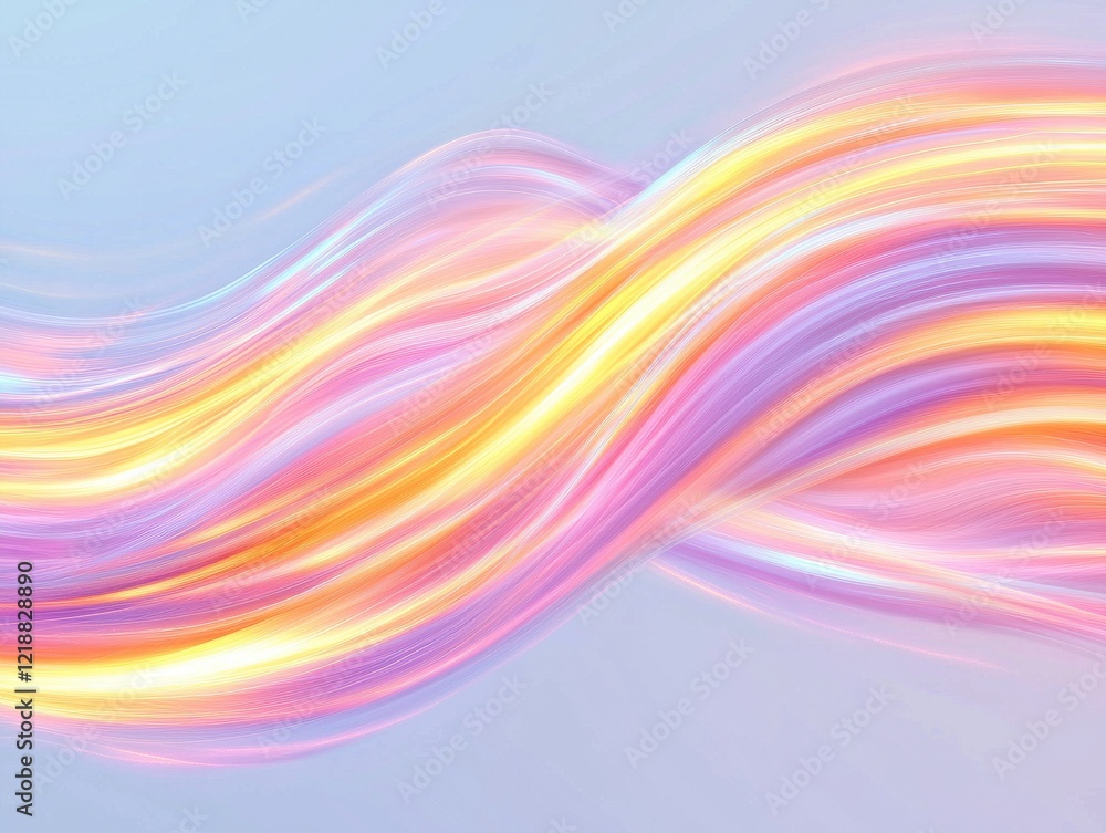 Poster dynamic wave patterns of smooth glowing pastel light streaks on white background in serene atmospher