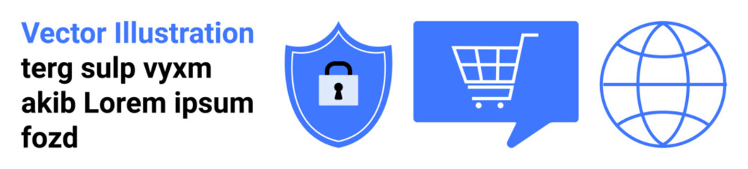 Shield with lock, shopping cart in speech bubble, globe. Ideal for online shopping, cybersecurity, e-commerce, website security, global business, digital transactions, landing page