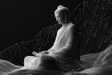 Buddha sculpture surrounded by flowing lines and dots in a serene, contemplative atmosphere