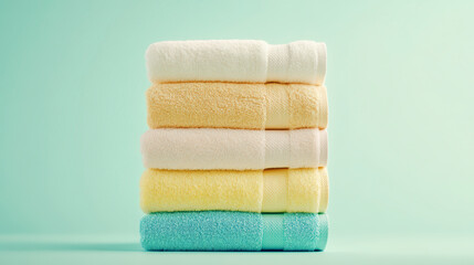 Soft pastel towels neatly stacked display luxury and comfort, perfect for a serene and stylish home bathroom decor.