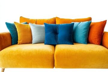 Bright and colorful couch with decorative pillows arranged for a cozy living room setting