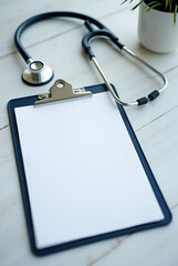 MOCKUP - blank clipboard on a doctors desk with medical equipment arounds
