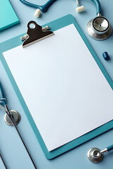 MOCKUP - blank clipboard on a doctors desk with medical equipment arounds