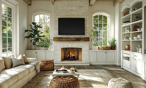 Sunlit Living Room with Fireplace, Built-ins, and Neutral Decor
