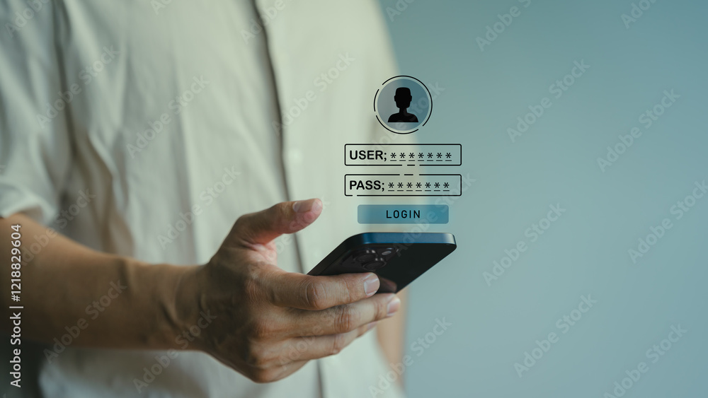 Poster Man use a smartphone type the username and password. User privacy security and protect personal data internet network. Cyber ​​security and digital data protection technology concept.